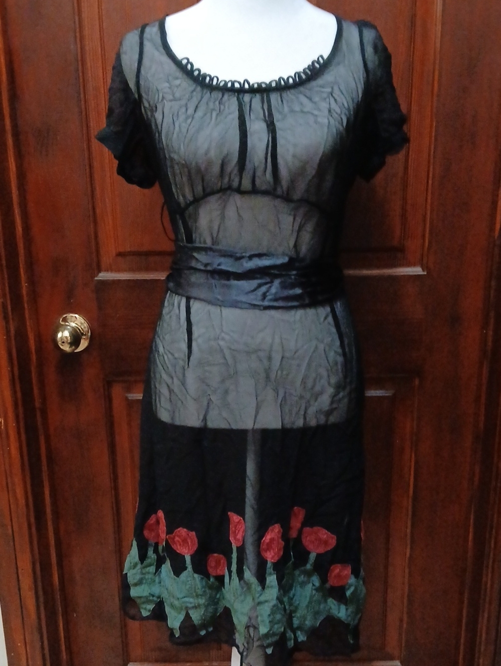 Alannah Hill "Burry Me In The Garden" Frock Black Sheer with Red Floral Hem